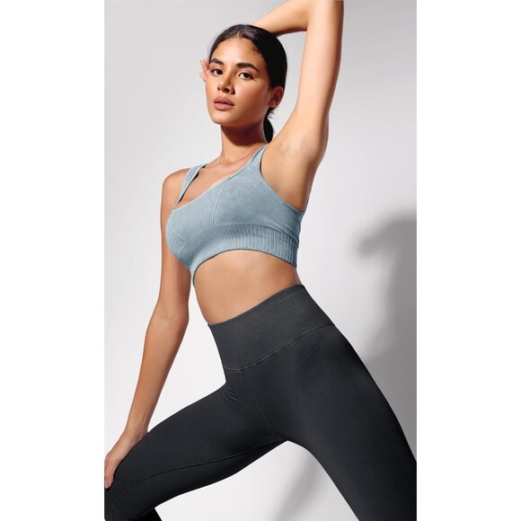 Women's Stone Washing Coast Line Square Neck Low Back Ribbed Cropped Sports Bra - Picture 4 of 5